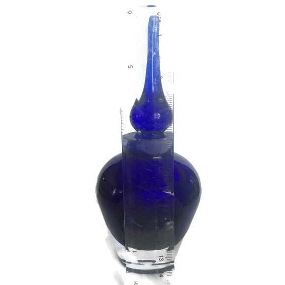 STUDIO ART GLASS Crystal Perfume Bottle Hand Blown Stopper Clear Over Cobal Blue - Picture 10 of 10